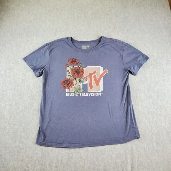 MTV Shirt Womens Large Grey Flower Print Music Television Short Sleeve Tee - Picture 1 of 8
